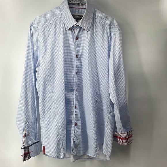 7 Downie St button down shirt houndstooth blue white flip cuff business career L - Picture 3 of 10